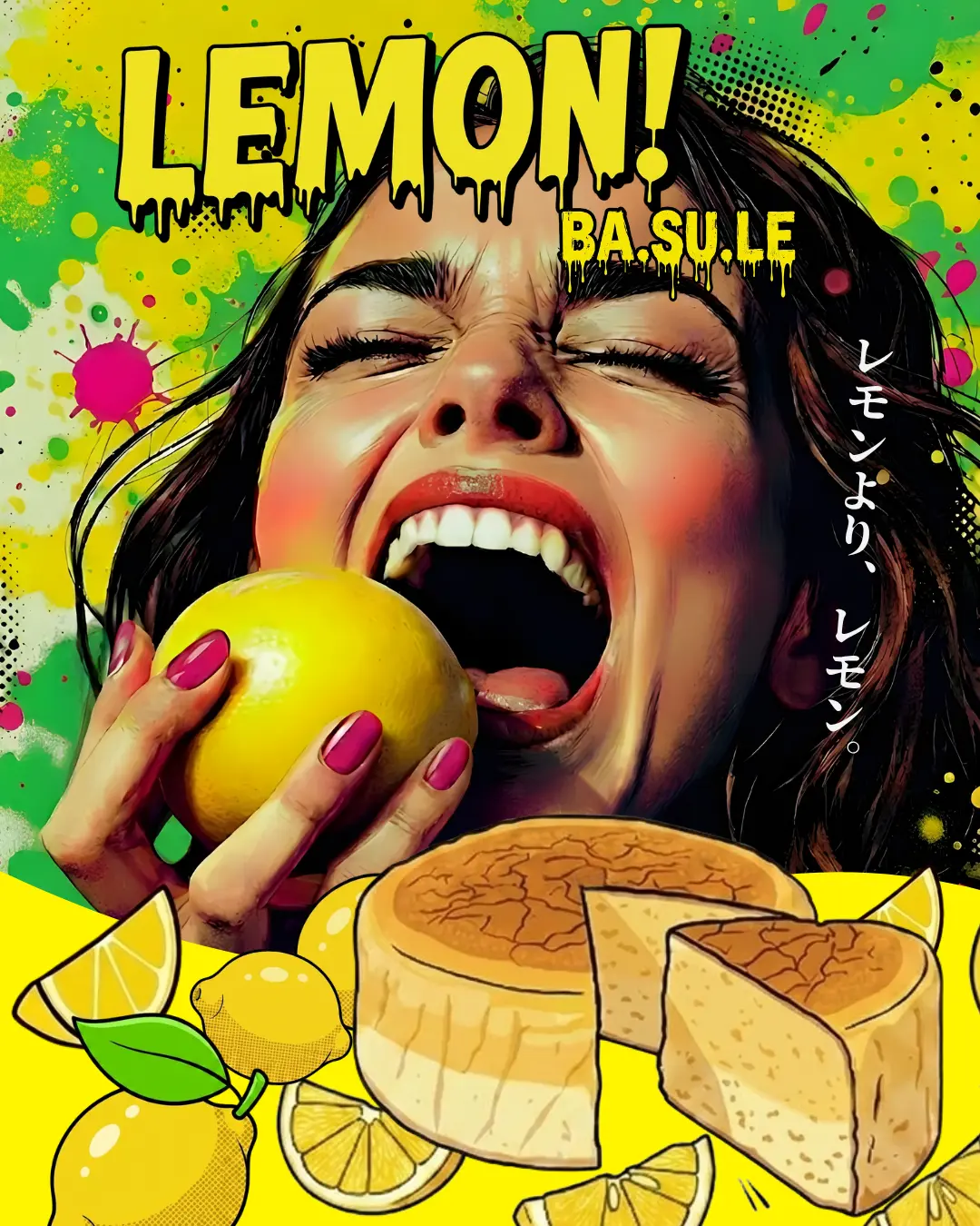 レモンを丸かじりしようとする女性と、ポップなデザインで描かれた「LEMON BA.SU.LE」の文字、レモンとチーズケーキのイラストが並ぶビジュアルポスター
