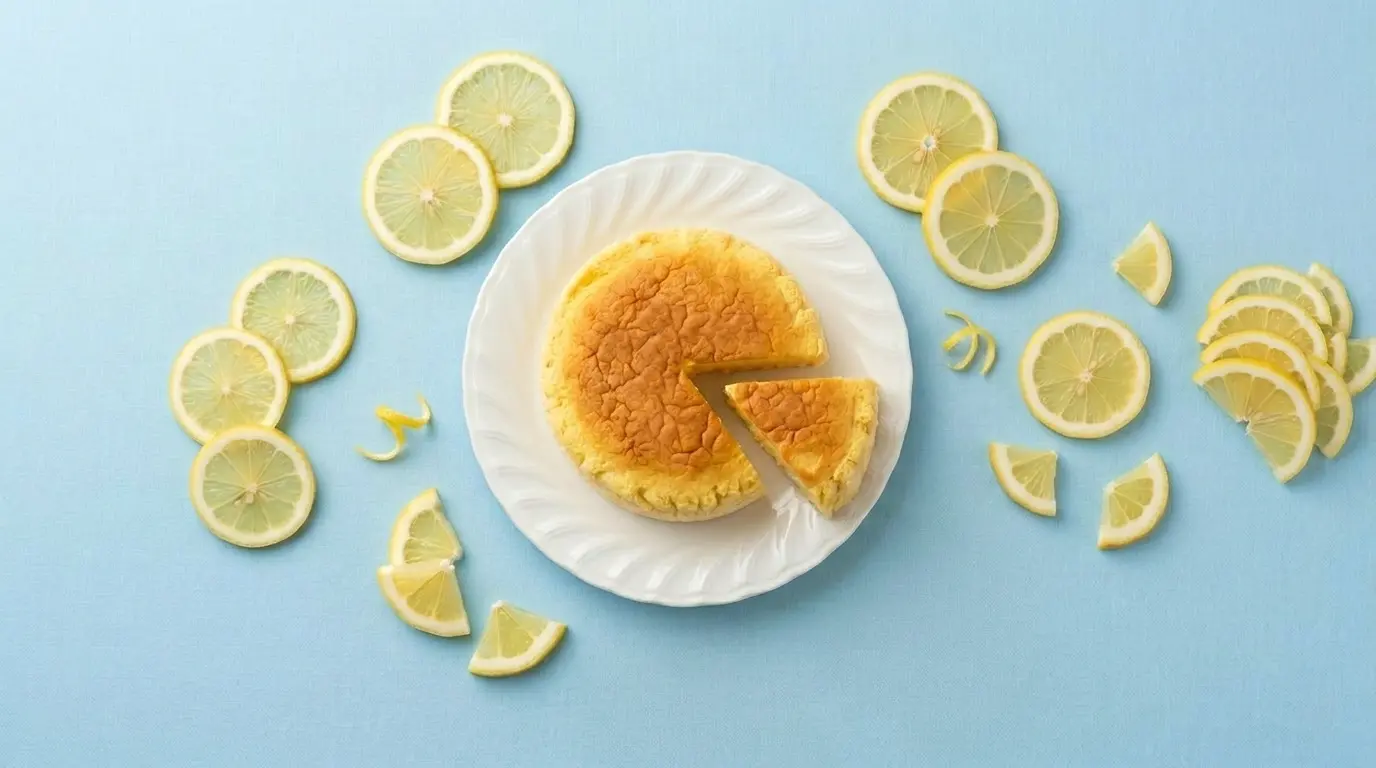 青い背景に白い皿にのせたレモンチーズケーキのカット断面が見える商品画像