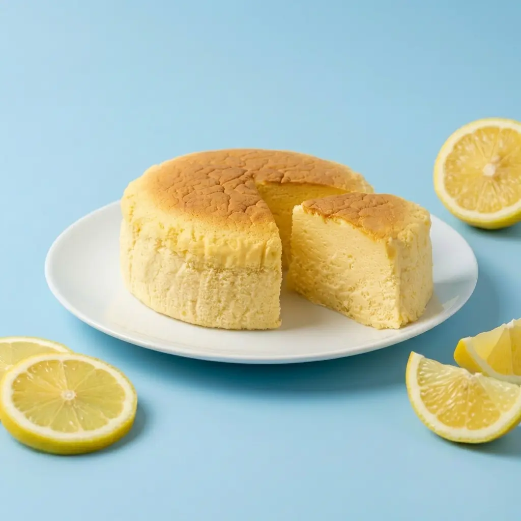 レモン風味のふわふわスフレチーズケーキを白い皿にのせ、カットした断面とレモンスライスを添えた爽やかな商品写真